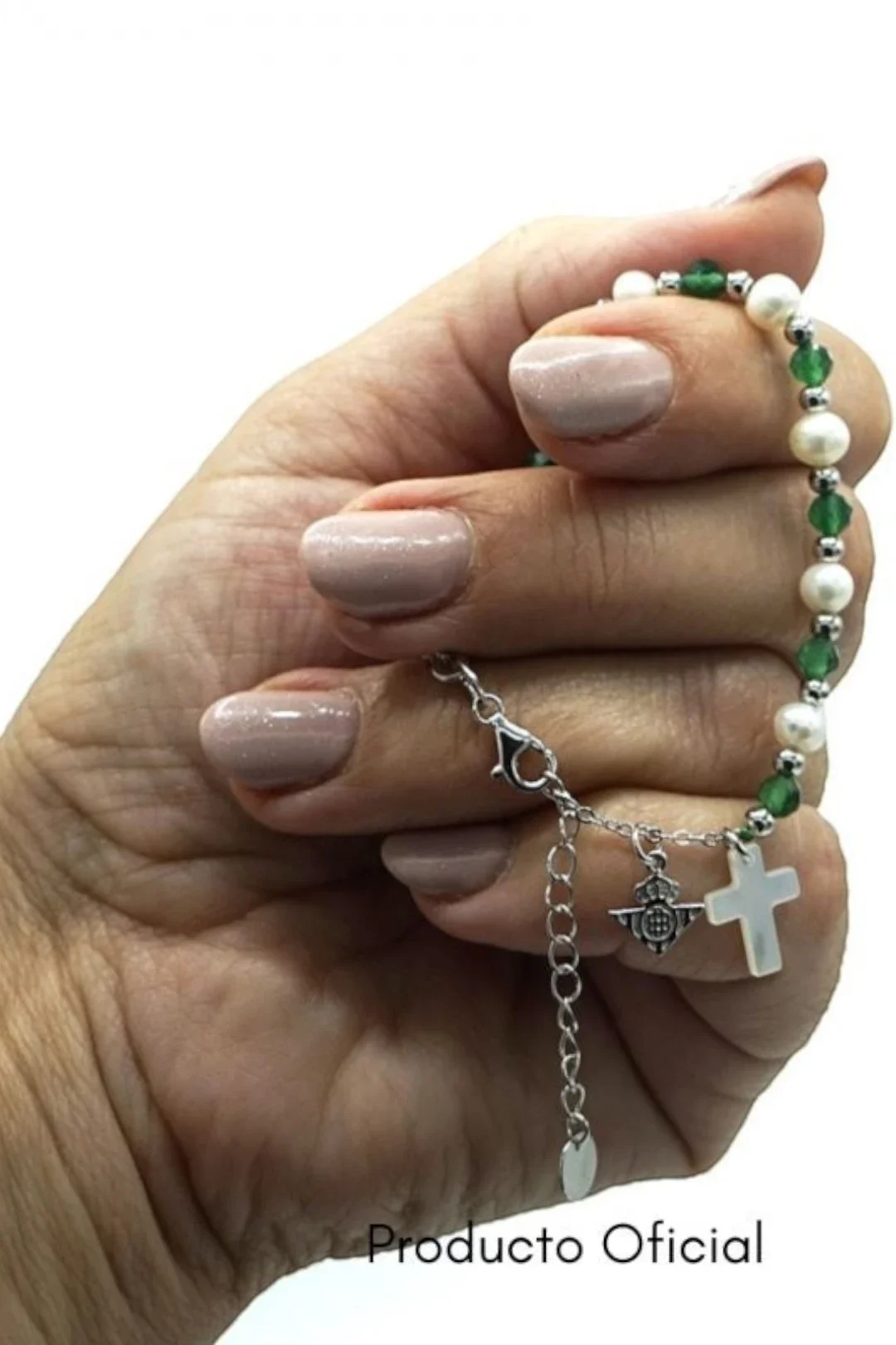 Pulsera Plata de Ley/Nácar Bolas Cruz Real Betis