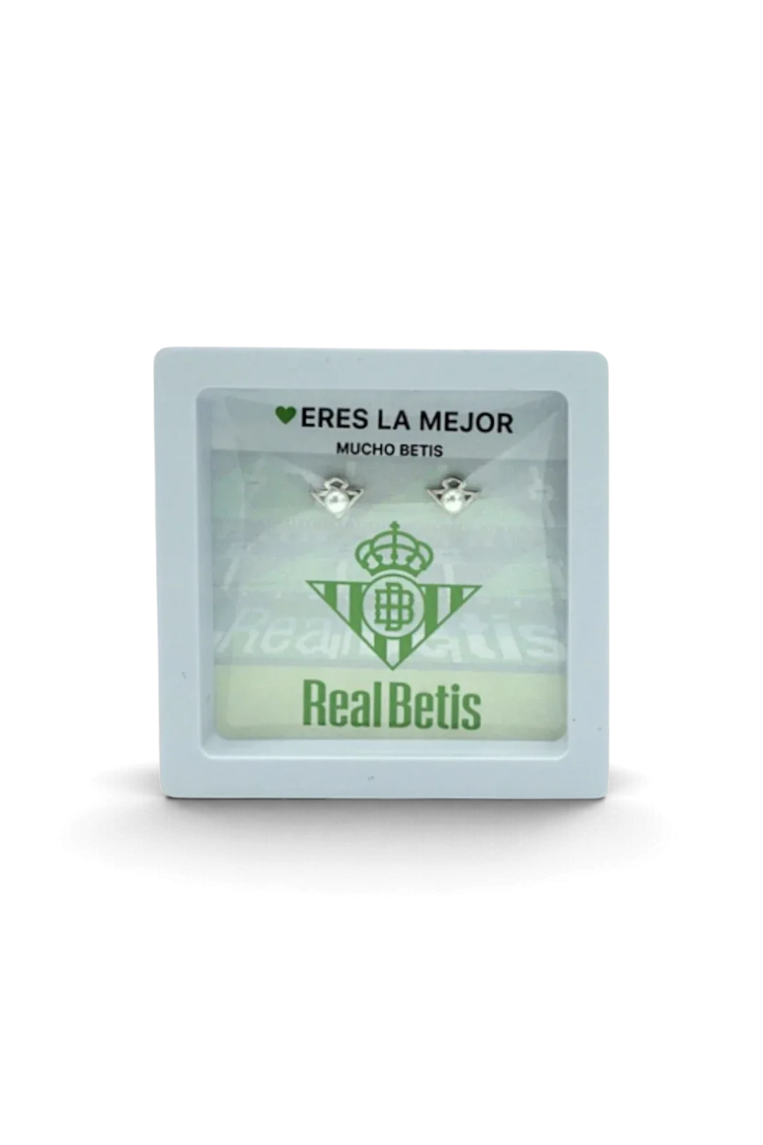 Pendientes de Plata de Ley Perla Escudo Real Betis con Tarjeta Eres la Mejor