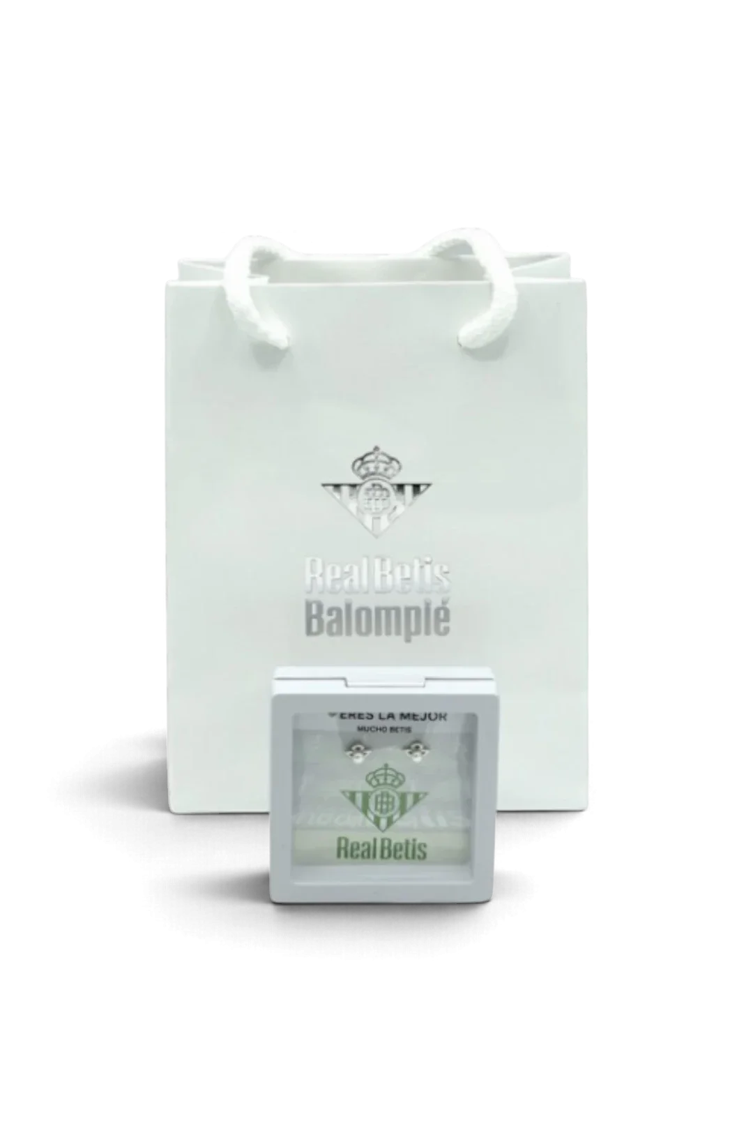 Pendientes de Plata de Ley Perla Escudo Real Betis con Tarjeta Eres la Mejor