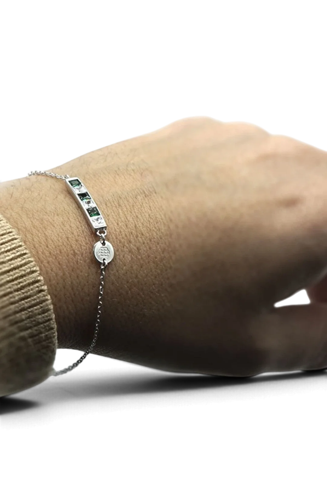 Pulsera De Plata De Ley Con Piedras Blancas / Verdes